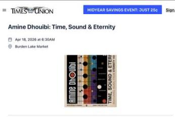 Times Union listing — Amine Dhouibi: Time, Sound & Eternity, April 18, 2026 at Burden Lake Market